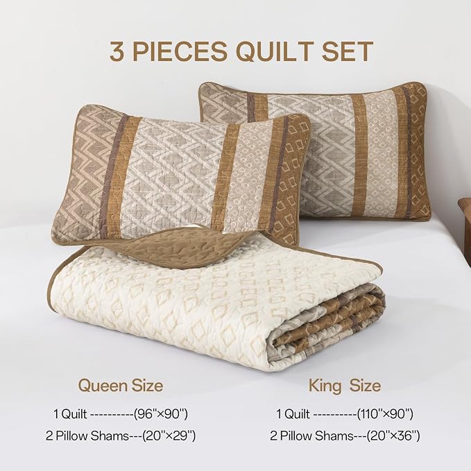 Dinjoy Boho Queen Quilt Set, Striped Bedspread Queen Size, Light Brown Bedding - Image 6