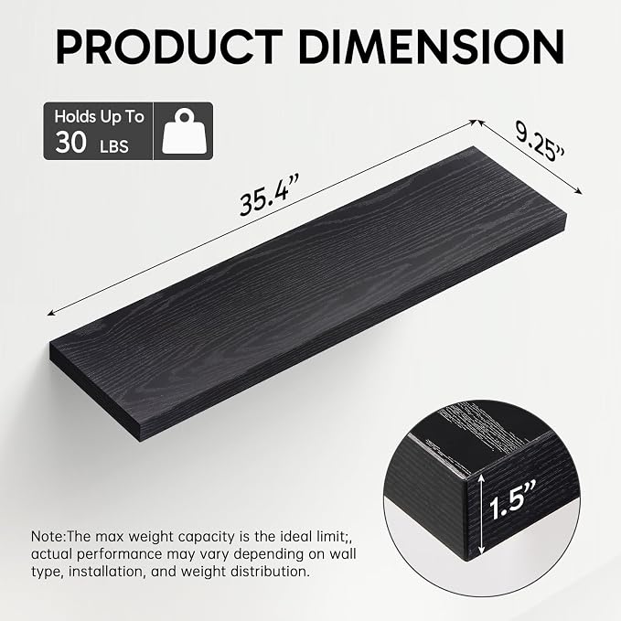 BAYKA Black Floating Shelves 35.4in, Wall Mounted - Image 3