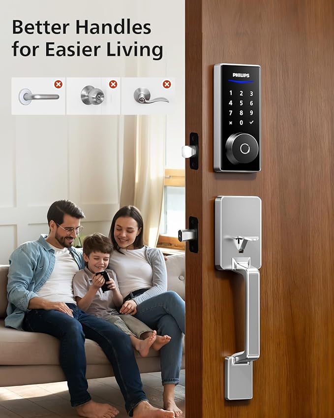 Philips Wi-Fi Smart Lock with Handle, Keyless Entry Keypad Door Lock with Handle, Front Door Deadbolt Set with Gateway, App Control, Fingerprint Unlock, PIN Code Unlock, Auto Locking, Touchscreen