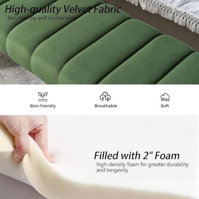 59" Velvet Bench for Bedroom King Size Bed Window End of Bed, Olive Green | - Image 6