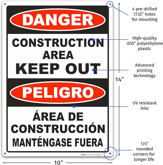 Brimar - 10" x 14" - Bilingual Danger Construction Area Keep Out Sign - .055″ Polyethylene Plastic - Bold Text - Easy Installation