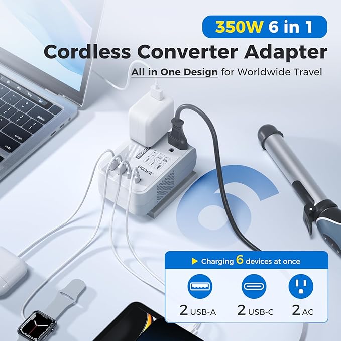 DOACE 220V to 110V Converter for European Travel - 350W Cordless Voltage Converter US to Europe, Power Converter with PD Chargers for Hair Straightener Shaver Toothbrush Phone