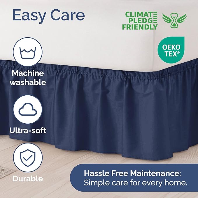 Wrap Around Dust Ruffle Bed Skirt - Navy Blue - for Queen Size Beds with 21 Inch Drop - Elastic Strap - Adjustable Pleated Bedskirt with Brushed Fabric and Wrinkle Free - for Women, Men, Kids & Teens