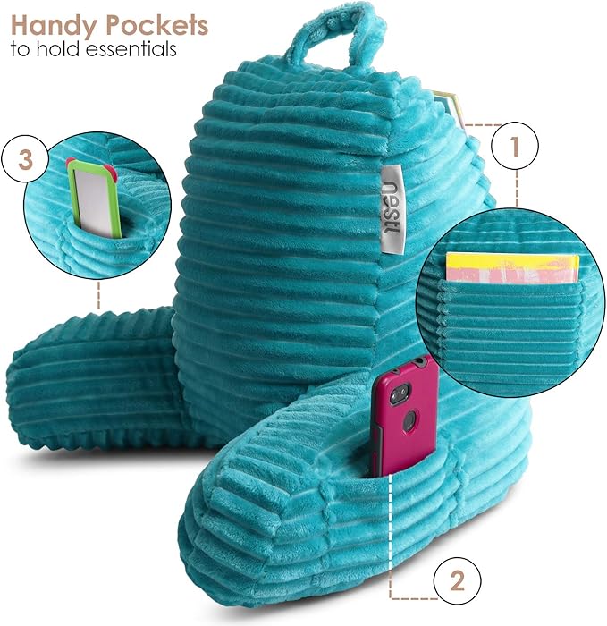Nestl Reading Pillow for Kids & Teens with Shredded Memory Foam, Luxe Cut Plush Backrest Pillows for Reading and Gaming, for use on Couch, Bed, Floor, Adjustable Support with Washable Cover Teal