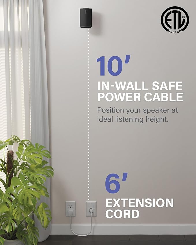 SANUS Speaker Wall Mount + Power Kit - Universal Speaker Mount Tilts, Swivels & Hides Cords Behind Wall w/ 10ft ETL Certified Cable - DIY Install Works w/Sonos Era 100 & Satellite Speakers up to 8lbs