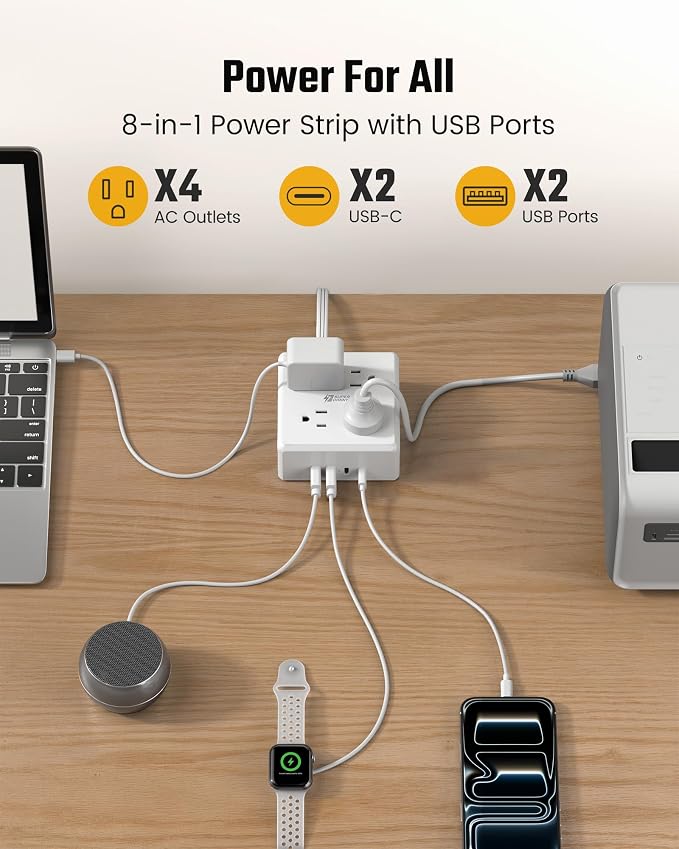 SUPERDANNY 5Ft Extension Cord, Flat Plug Power Strip Surge Protector | 900J - Image 2