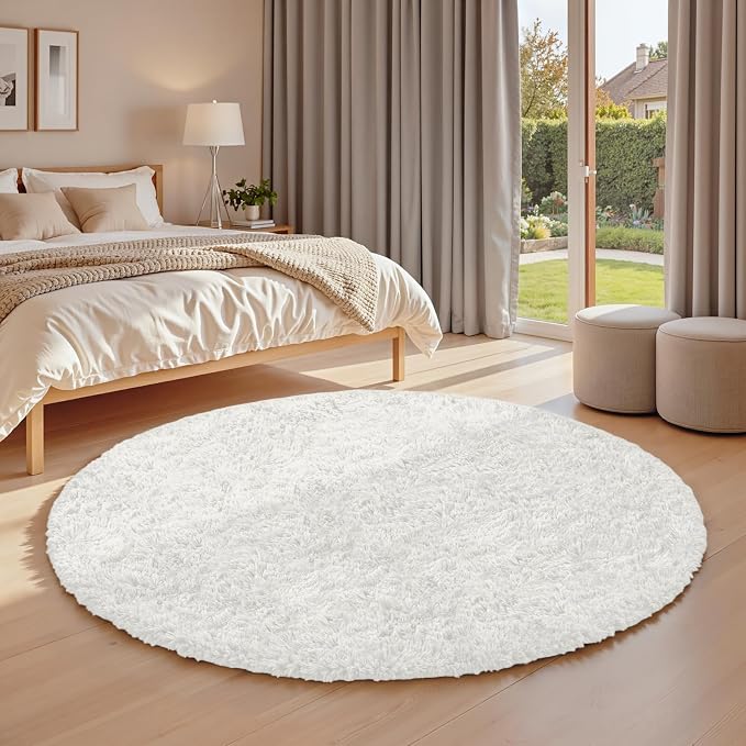 White Round Fluffy Rug 6ft Plush Fuzzy Shaggy Carpet | Soft Rugs - Image 3