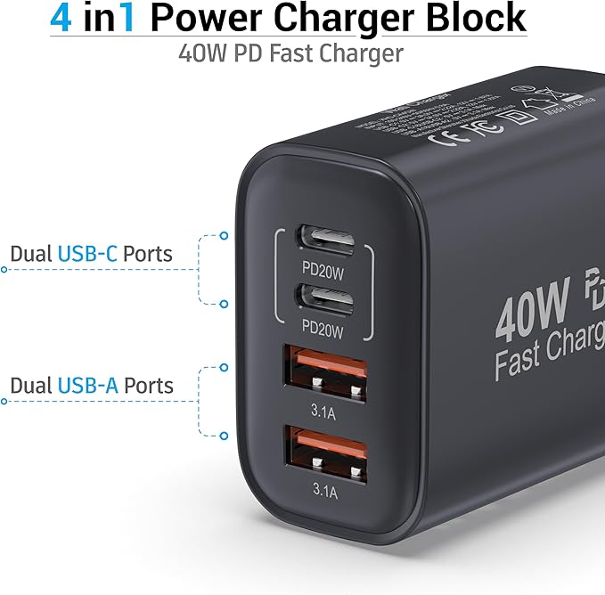 TT&C USB C Block 40W, 4 Ports Wall Plug Fast Charging Block, PD+QC Multiport Power Adapter USB C Charger Type C for iPhone 17, 17 Air, 17 Pro, 17 Pro Max, 16,15,14,13,12, Galaxy Phones-(Black 2Pack)
