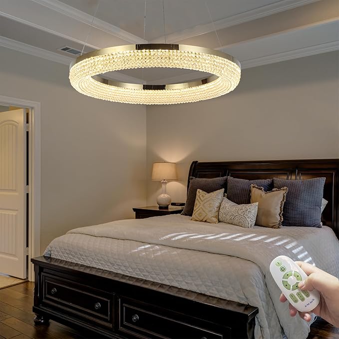 LYICYIU 23.6" Round Crysrtal Stainless Steel Pendant Lamp,3Color LED Dimmable Flush Mount Crystal Chandelier Light with Remote Control for Bedroom,Living Room, Island Entryway,Hallway Foyer (Hanging)