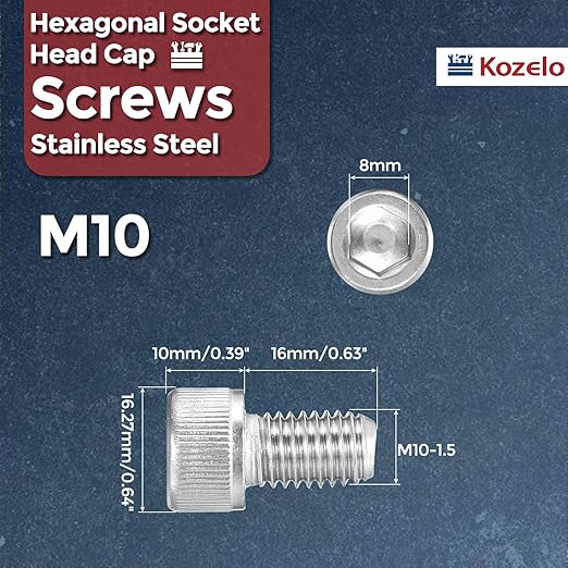 Kozelo 20pcs Socket Head Cap Screws - [M10-1.5 x 16mm] 304 Stainless Steel Allen Socket Drive for Electrical Motor 3D Printing Fan Engine Replacement Use, Silver