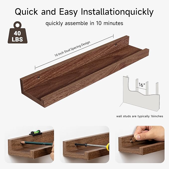 Floating Picture Ledge Shelves Set of 2, 16 Inch Solid Wood Wall Shelves - Image 4