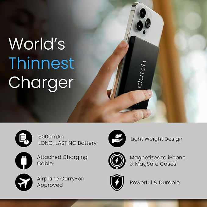 Clutch - Pro USB-C Portable Charger - Compatible with iPhone 15,16, 17 & Android Devices - Power Bank Magnetic Battery - TSA Travel Approved - USB Rechargeable - Built-in Cable - 5000 mAh - 3.7oz