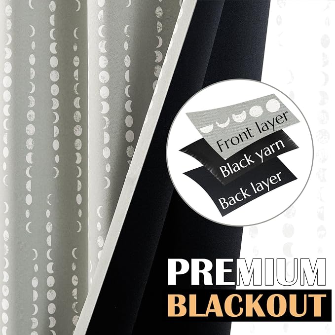 jinchan Boho Blackout Curtains 84 Inches Long Moon Phase Printed Drapes | Grey - Image 3