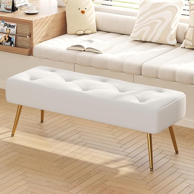 Modern PU Leather Benches, Upholstered Tufted Leather Bedroom Ottoman 44" - Image 5