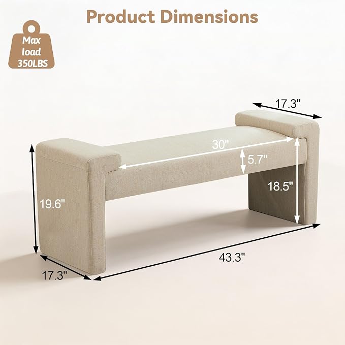 Upholstered Entryway Bench, Camel | Curved Armrests, Solid Wood Frame, End of - Image 2