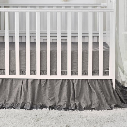 Brandream Boho Bohemian Boy Girl Baby Nursery Crib Bed Skirt Dust Ruffle - Neutral Solid Color Gray Grey Farmhouse Chic 100% Washed Cotton Ruffle - 4 Sided