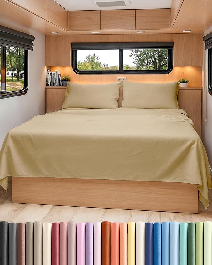 RV Short Queen Sheet Set 60 X 75 - 4 Piece RV Short Queen Bed Sheets - Soft, Breathable & Cooling - Designed for Bunks, Trailers & Campers - Fits 8” to 12" Mattress - Luxury Bedding - Heathered Tan
