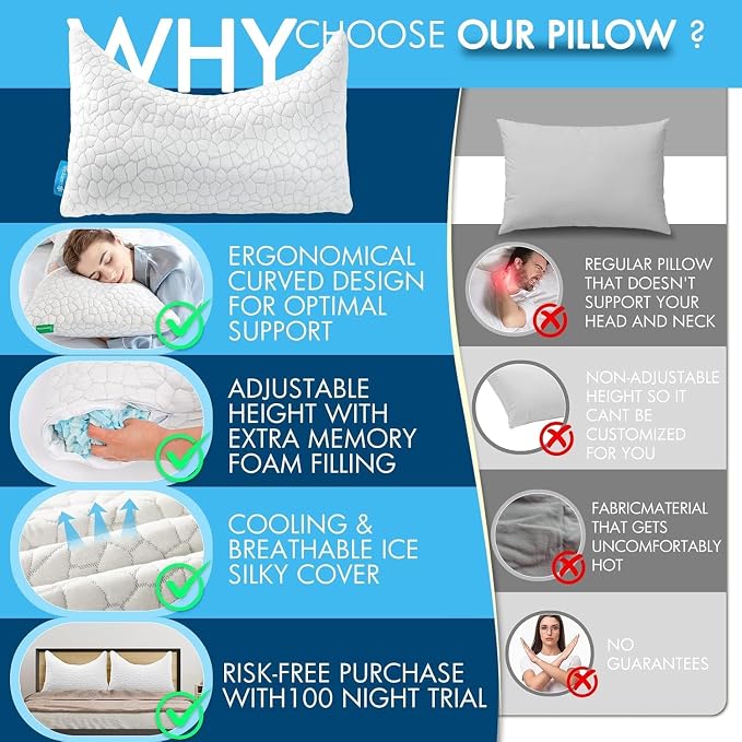 Cooling Pillow Queen Size Set of 2, Adjustable Bed Pillows - Image 8