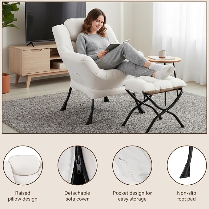 Welnow Lazy Chair with Ottoman, Reading Chair with Footrest, Foldable Footrest - Image 6