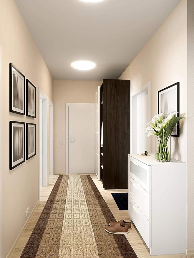 Custom Length Hallway Runner Rug,Slip Resistant,Meander Brown, 26 Inch X 17 feet, Sold and Priced Per Foot