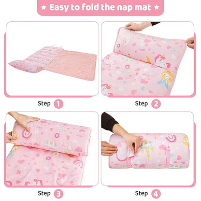 Viviland Toddler Kid Nap Mat for Preschool, Girls Pink Princess Daycare Kindergarten Slumber Bag