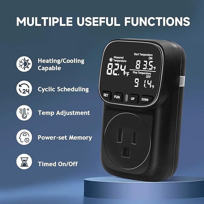 COMYAN Temperature Controlled Outlet , 15A/1800W Digital Thermostat Outlet, Cyclic Timing/Countdown, -40℉~210℉ VA Display Heating Cooling Control Timer with 2Pcs Probe Cable for Reptile Incubator