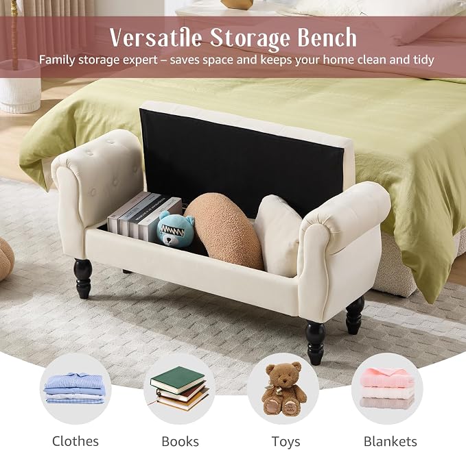 47.6" Storage Bench for End of Bed Bedroom, Velvet Ottoman Bench - Image 3