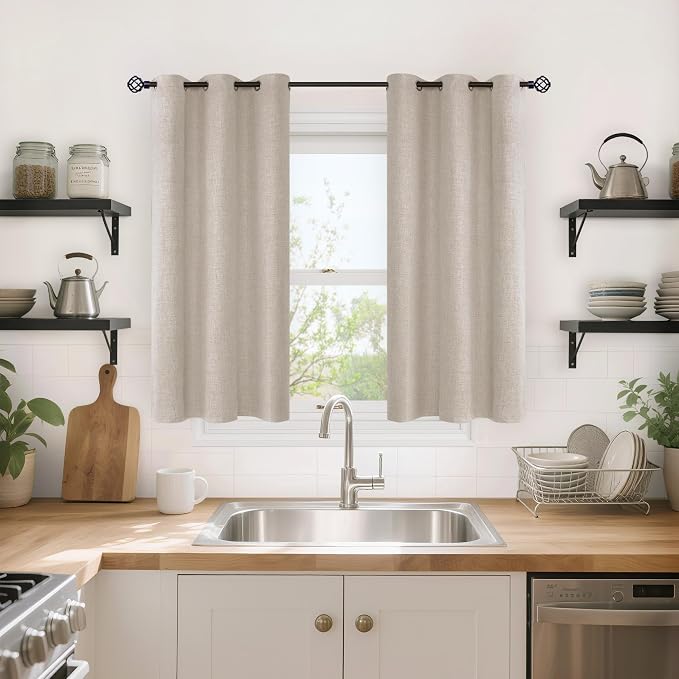 YoungsTex Oatmeal Linen Blackout Curtains 40 Inches Long, Short Room Darkening - Image 2