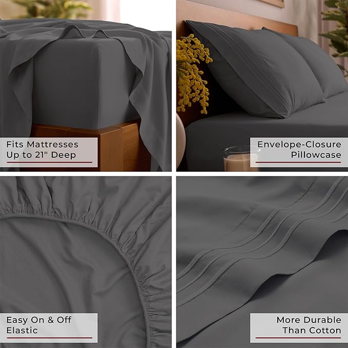 Mellanni King Sheet Set - 6-Piece Iconic Collection Bedding, (Including 4 Pillowcases), 21-Inch Extra Deep Pocket, Easy Care, Ultra Soft, Cooling Sheets, Brushed Microfiber - Gray