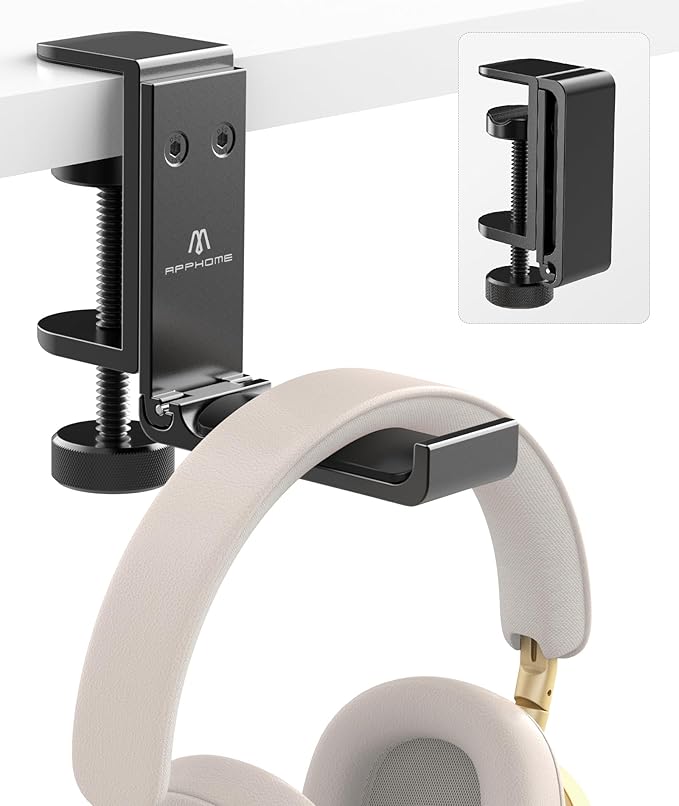 APPHOME New Foldable Headphone Stand Hanger Holder Aluminum Headset Soundbar Stand Clamp Hook Under Desk Space Save Mount, Universal Fit Gaming Headphones, Black