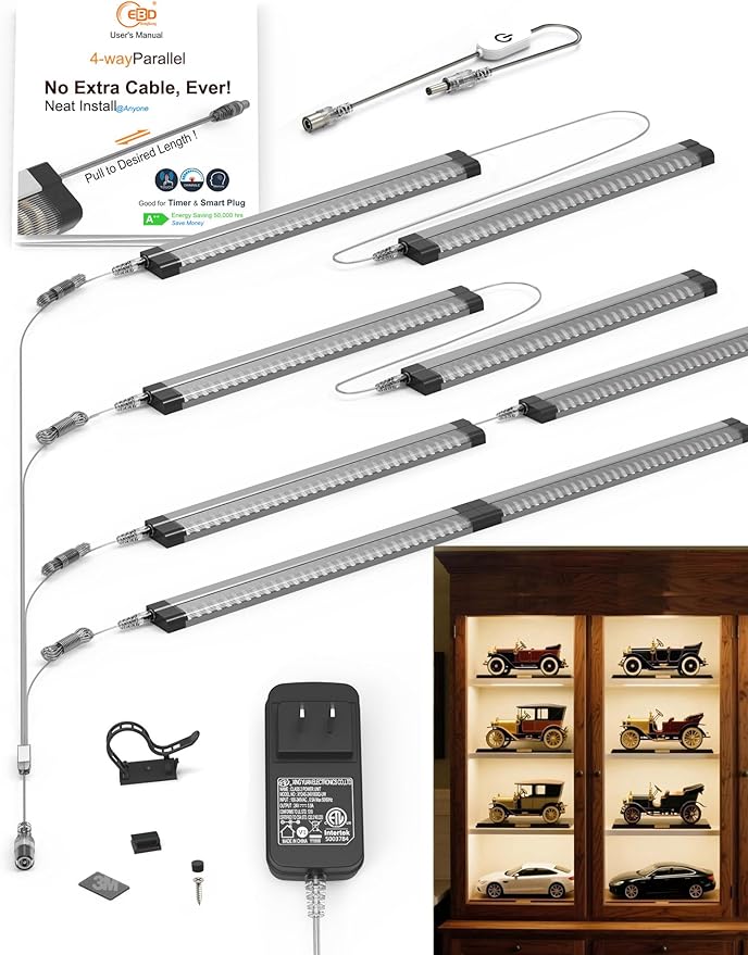 EBD LED Shelf Lights for Bookshelf Display Case Kitchen Counter Bar 4-Way 48” Splitter Parallel Under Cabinet Lighting Built-in Adjustable Cable 8 Panels 3600Lm 4500K Energy Closet Light