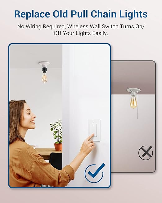 DEWENWILS Remote Control Light Socket, Wireless Light Switch for Pull Chain Light Lamp Fixtures, 100FT Range, No Wiring Needed, ETL Listed(1 Wall Mounted Controller+1 Bulb Base, Shorter Version)
