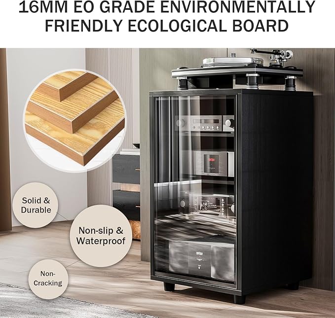 Grufle Media Storage Cabinet, Audio Video Media Stand Cabine with 3 Height-Adjustable Shelves, AV Cabinet Audio Rack with Glass Door and Cable Management for Living, Gaming, Recording Room (Black)