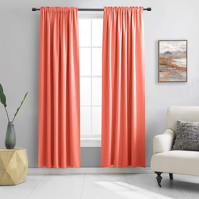 Living Coral Blackout Curtains Rod Pocket Curtain Panels -Thermal Insulated by DONREN