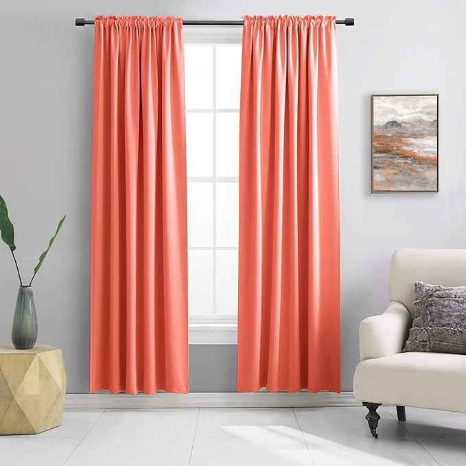 Coral Blackout Curtains Rod Pocket Curtain Panels -Thermal Insulated Curtains by DONREN