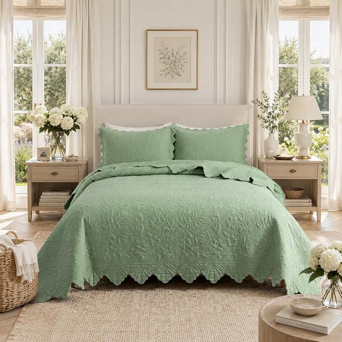 Brandream Premium Sage Green Cotton Quilt Set Queen Size Floral Vine Stitching - Image 2