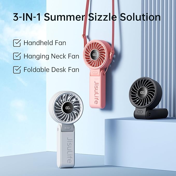 JISULIFE Handheld Fan Life7 – Ultimate Flexibility: High-Power Motor, LED Display, 3600mAh Rechargeable, 5-Speed, Foldable Design, 3-IN-1 Portable Hand/Desk/Neck Fan for Travel, Gift for Women (Pink)