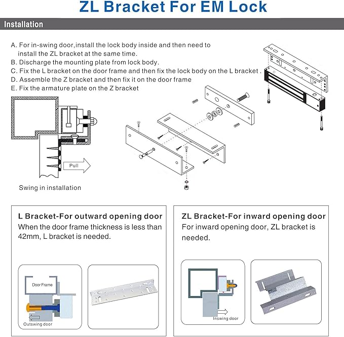 Electromagnetic Lock with Z and L Bracket 1200LBS 500KG Holding Force Electric Magnetic Door Lock 12V Fail Safe NC Mode for Access Control System