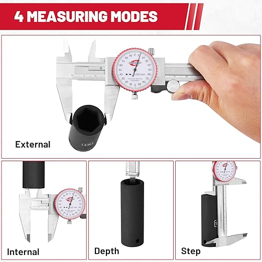Standard Gage Metric Dial Caliper Measuring Tool 0-150mm Range, Analog Precision Caliper ±0.02mm Accuracy, Manual Mechanical Metal Stainless Steel Measuring Dial with 4-Way Measurements