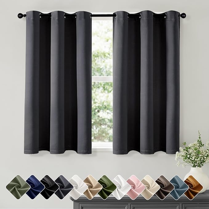 Short Dark Grey Blackout Kitchen Curtain W40 x L45 Inch 2 Panels | Thermal by Woaboy