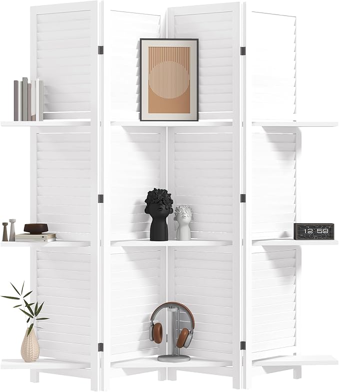 HOMCOM Room Divider 4 Panel 67" Tall Privacy Screen 3 Display Shelves White | by HOMCOM