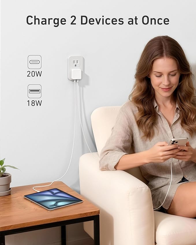 Nekmit Flat USB C Wall Charger, 45W Dual Port PPS Fast USB Charger Block, Slim USB C Wall Plug for iPhone 17/16 and More Series, MacBook Air, iPad