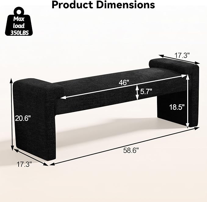 Upholstered Entryway Bench, 58.7" Modern Bedroom Bench, Curved Armrests - Image 2