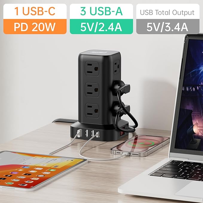 PD20W Surge Protector Power Strip Tower, 15FT Extension Cord with Multiple Outlets, 12 AC 4 USB (1 USB C)，Mini Power Strip with USB Ports, Surge Protector Tower Overload Protection for Office, Desk