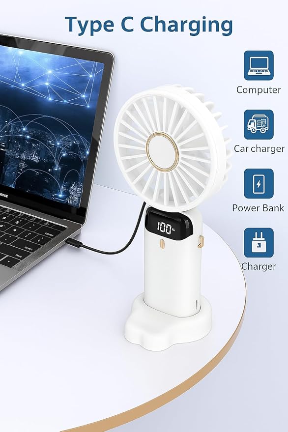 AMPMG LED Digital Display Rechargeable Fan – Portable Handheld & Desk Fan with Adjustable Speeds, USB Charging, Quiet Operation, and Base Stand for Home, Office, Travel and Outdoor Use (White)
