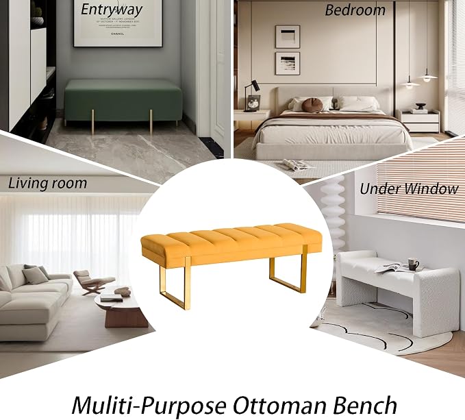 46" Velvet Bench with Gold Leg for Bedroom Window End of Bed Mustard Yellow | - Image 5