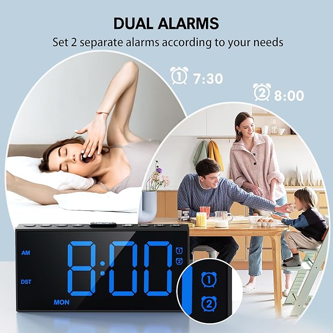 Mesqool Loud Alarm Clock for Heavy Sleeper, with Vibration for Hearing Impaired Deaf, Annoying Clock for Bedroom,USB Port,Dual Alarm with Snooze