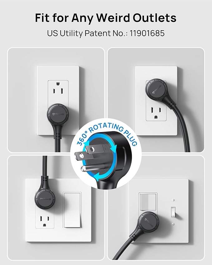 TROND 360° Rotating Plug Power Strip, ETL Listed, Flat Plug 10ft Extension Cord, 2 USB-A and 2 USB-C, Wall Mountable, 7 Widely-Spaced Outlets, 1700J Surge Protector, for Home Office, Black