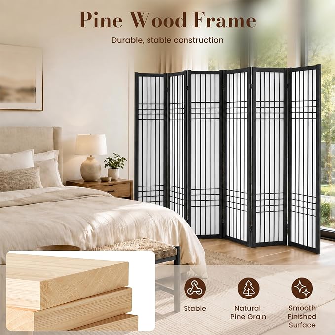 6 Panel Room Divider, 66.9" Tall Folding Privacy Screen, Pine Wood Frame Design - Image 4
