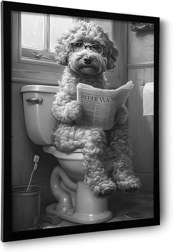 OIQArtOIQ Funny Bathroom Canvas Wall Art Black and White Wall Art Teddy Dog On by OIQArtOIQ